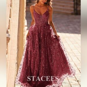 Stacees size 8 A line V neck full length Cabernet red prom dress sequined
